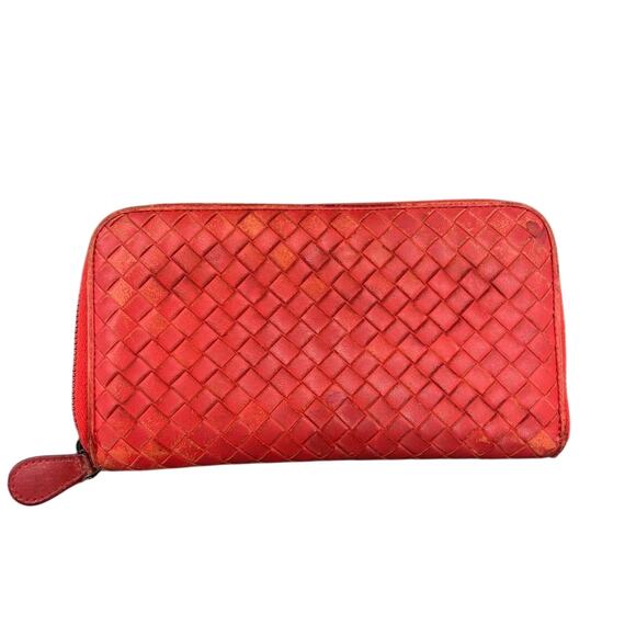 Bottega Veneta Orange Woven Leather Zip Around Wallet - Picture 2 of 10